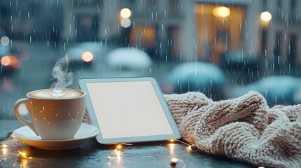 Cozy Rainy Day Scene with Coffee, Tablet, and Soft Blanket Decor