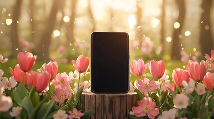 Modern Smartphone Surrounded by Vibrant Pink Flowers in Nature