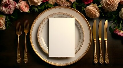 Elegant Table Setting with Blank Card Surrounded by Floral Arrangement