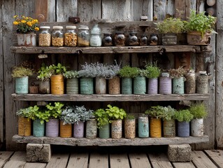 Rustic shelf with herbs in cans and jars