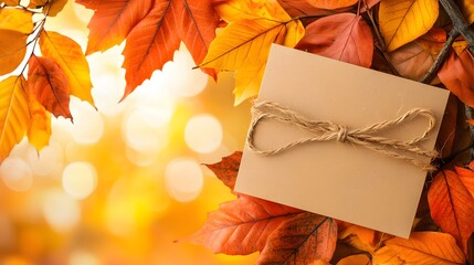 Autumn Leaves with Blank Card Tied with Twine for Seasonal Greetings