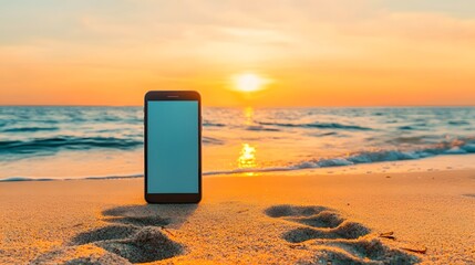 Smartphone on Beach Sand at Sunset with Ocean Waves in Background