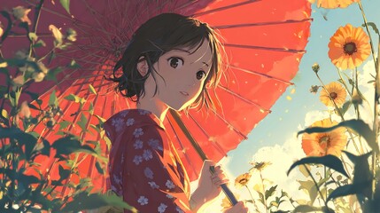 A young woman with a parasol amidst a field of sunflowers a serene moment bathed in golden sunlight and gentle anime