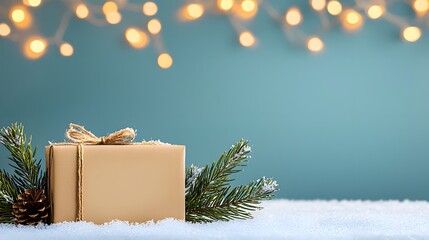 Beautiful Gift Box with Winter Decorations and Soft Bokeh Background