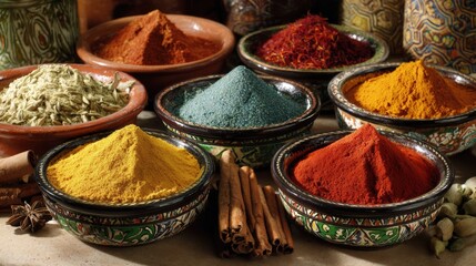 Assorted colorful spices in decorative bowls on a rustic table, showcasing vibrant hues and textures, surrounded by cinnamon sticks and cardamom pods.