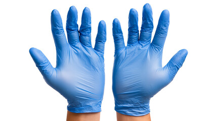 Blue rubber medical glove on white background