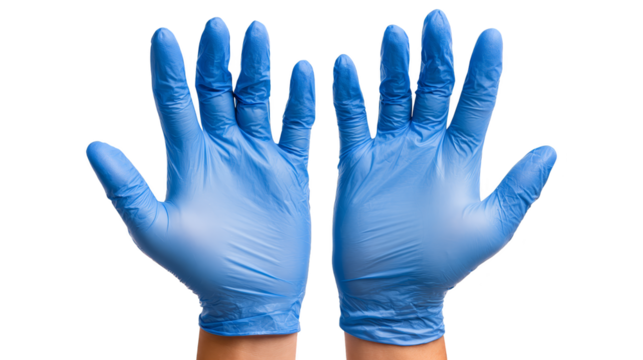 Blue rubber medical glove on white background