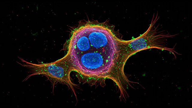 Cancer cell under fluorescence microscopy, showing highlighted mitochondria, nucleus, and surface receptors in bright neon colors