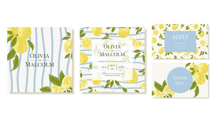 Wedding Invitations In Mediterranean Style With Lemon Pattern And Blue Stripes. Set of Square Invitation Card Templates. Vector