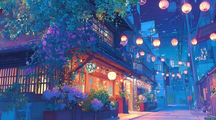 Evocative night scene of a charming Japanese street adorned with glowing lanterns and cascading flowers artful anime