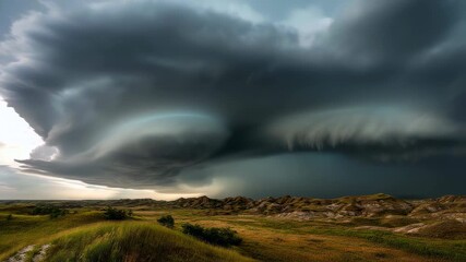 Dramatic severe thunderstorm sweeping across the great plains wheat fields with towering cumulonimbus clouds and ominous anvil formation at dusk - Powered by Adobe