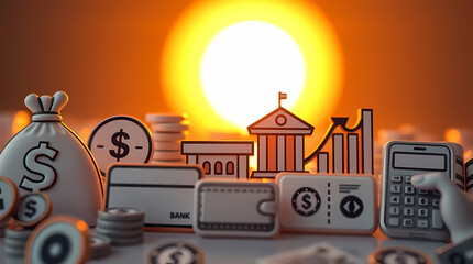 A set of flat 3D finance icons with background.  wallet, bank, and financial chart. 