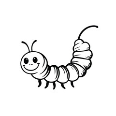 Cartoon caterpillar in a simple, black and white outline design, with a cheerful expression, on a white background. Cute caterpillar in a playful pose, isolated on white backdrop.