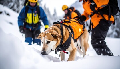 A rescue dog in harness poses confidently amidst debris with rescue workers in safety gear in the background showcasing teamwork in disaster response. Canine hero aid operation safety