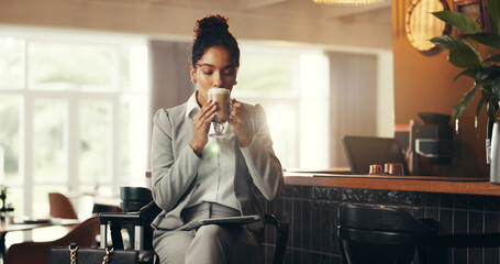 Business woman, cafe and drinking with latte in luxury resort or hotel for hospitality or check in. Female person, traveler or commute with coffee for accommodation or catering service in lodge