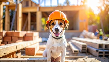 the dog wearing a hardhat. Safety first a canine friend protect head gear work site pet construction job careful animal.