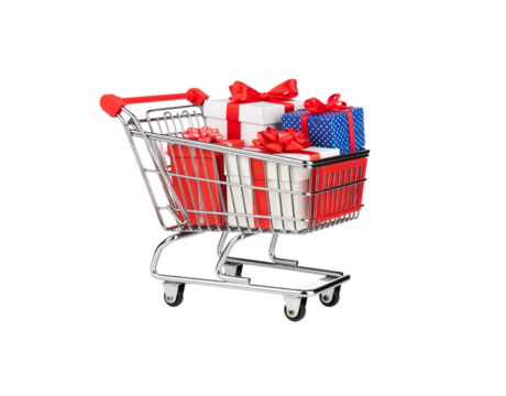 Miniature chrome shopping cart with a red handle filled with colorful wrapped gift boxes with red bows.