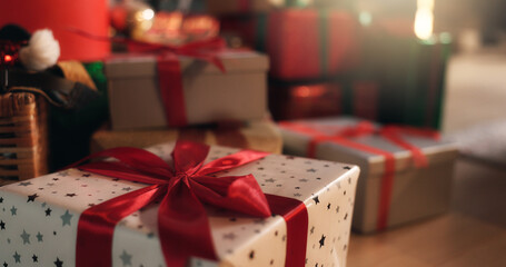 Christmas, gifts and boxes with ribbons in home for santa surprise, miracle or festive celebration....