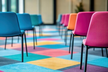 Rows of vibrant blue, pink, and orange chairs are neatly arranged on a colorful geometric carpet, creating an inviting and modern seating arrangement.
