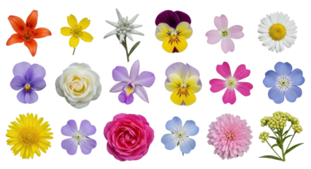 Set of 20 Assorted Colorful Blooming Flowers Collection isolated PNG with Transparent Background