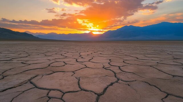Dry cracked desert ground with sunset and mountains in background