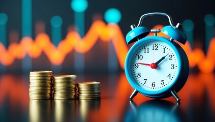 Alarm clock with coins showing time is money concept