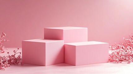 Pink cube podiums arranged in minimal composition with glowing particles for modern product display or cosmetic branding.