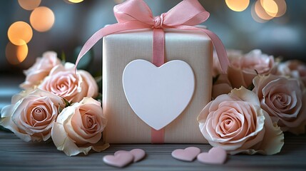 Romantic gift box with ribbon and heart decoration surrounded by roses in soft lighting for Valentine's or celebration theme.