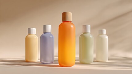 A set of five colorful cosmetic bottles arranged on a neutral background, featuring various sizes and shades, illuminated by soft lighting.