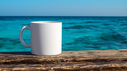 White ceramic mug placed on wooden surface with ocean background for coffee or drink branding mockup presentation.