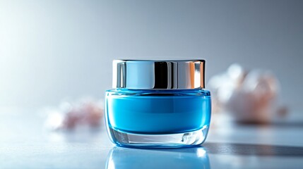 Glass cosmetic jar with blue cream on soft pink surface for luxury skincare packaging and beauty branding mockup.