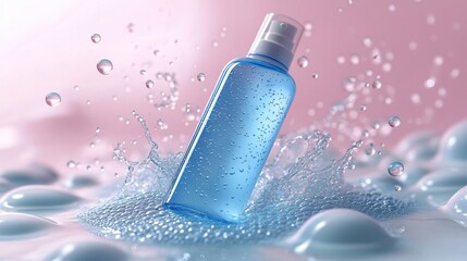 Transparent blue spray bottle on wet surface with soft lighting for cosmetic or personal care product branding design.