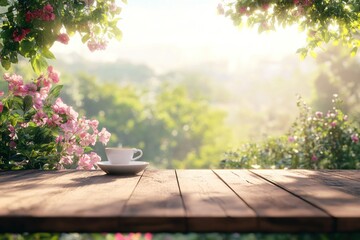 Relaxed morning scene on wooden terrace with outdoor coffee set, surrounded by garden