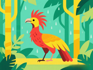 Fototapeta premium A colorful stylized jungle bird with bright feathers and a spiky crest, standing in a vibrant rainforest background. Flat vector cartoon design with playful nature elements.