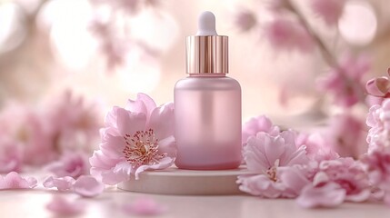 Elegant pink dropper bottle placed among cherry blossoms for skincare serum branding and cosmetic product mockup.