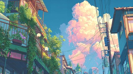 A tranquil Japanese town scene bathed in the rosy glow of sunset clouds with detailed architecture and lush greenery low