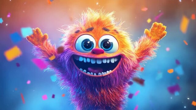 Happy furry monster with big smile and confetti in colorful bright background