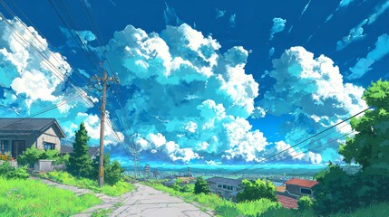Peaceful walk through a quaint countryside town where the sky is full of fluffy cumulus clouds under bright sunny day