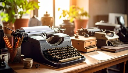 Featuring antique office items like typewriters, old staplers, or retro pencil holder 