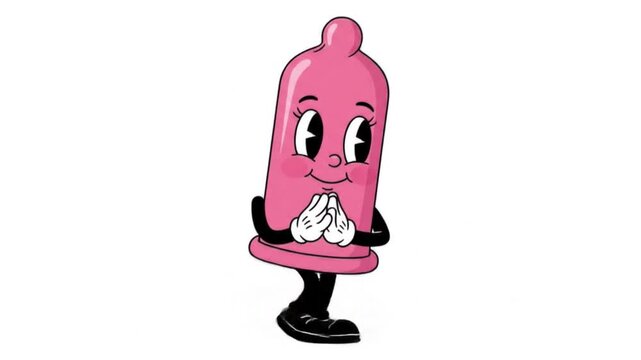 Cartoon character of a pink condom with arms, legs, and a smiling face. Suitable for safe sex awareness campaigns and sexual health resources.