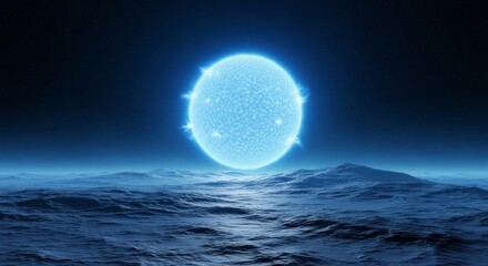 Celestial Blue Straggler and Icy Planet - A vibrant blue straggler star dominates the sky above a frigid, icy planet.