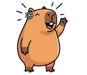 Friendly cartoon capybara waving hello with a happy smile. Cute character with a daisy flower, symbolizing kindness and positive vibes. Perfect vector mascot for a brand, community, or greeting card. 