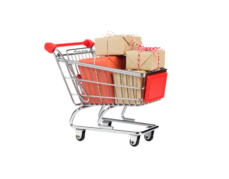 Miniature chrome shopping cart with red details filled with gift boxes wrapped in kraft paper and tied with twine. - Powered by Adobe