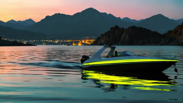 A boat on a calm body of water during sunset, with a mountain range in the background. The boat has a glowing green light on it, and the water reflects the warm colors of the setting sun.