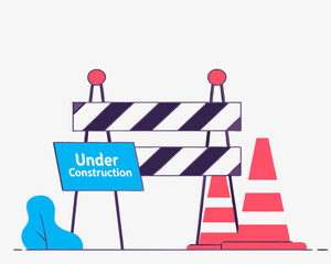 Illustration depicting a construction zone with safety barrier and cone icon on a white background in a modern flat design.