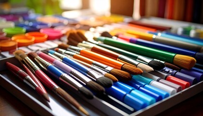 Fototapeta premium Highlighting diverse art supplies such as brushes, watercolors, or colorful markers 