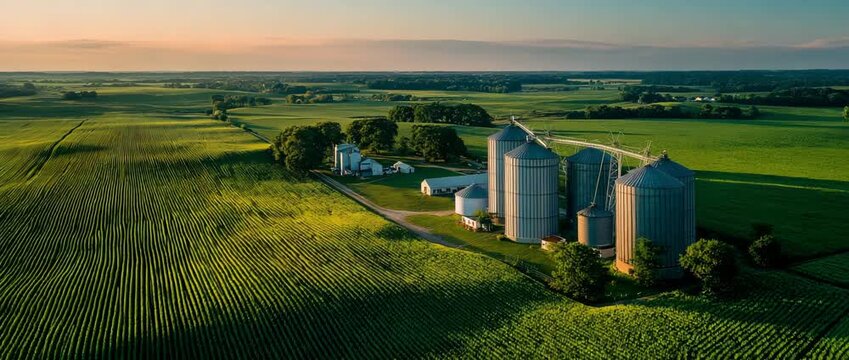 Aerial view of a soybean field at an industrial farm at dusk 