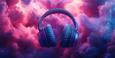 Blue Headphones Floating in Pink and Purple Dream Cloudscape

