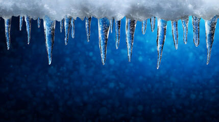Blue Snowy Background with Hanging Icicles – Winter Scene with Depth in Daylight