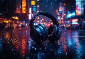 Headphones on Rainy City Street Surrounded by Neon Night Lights


